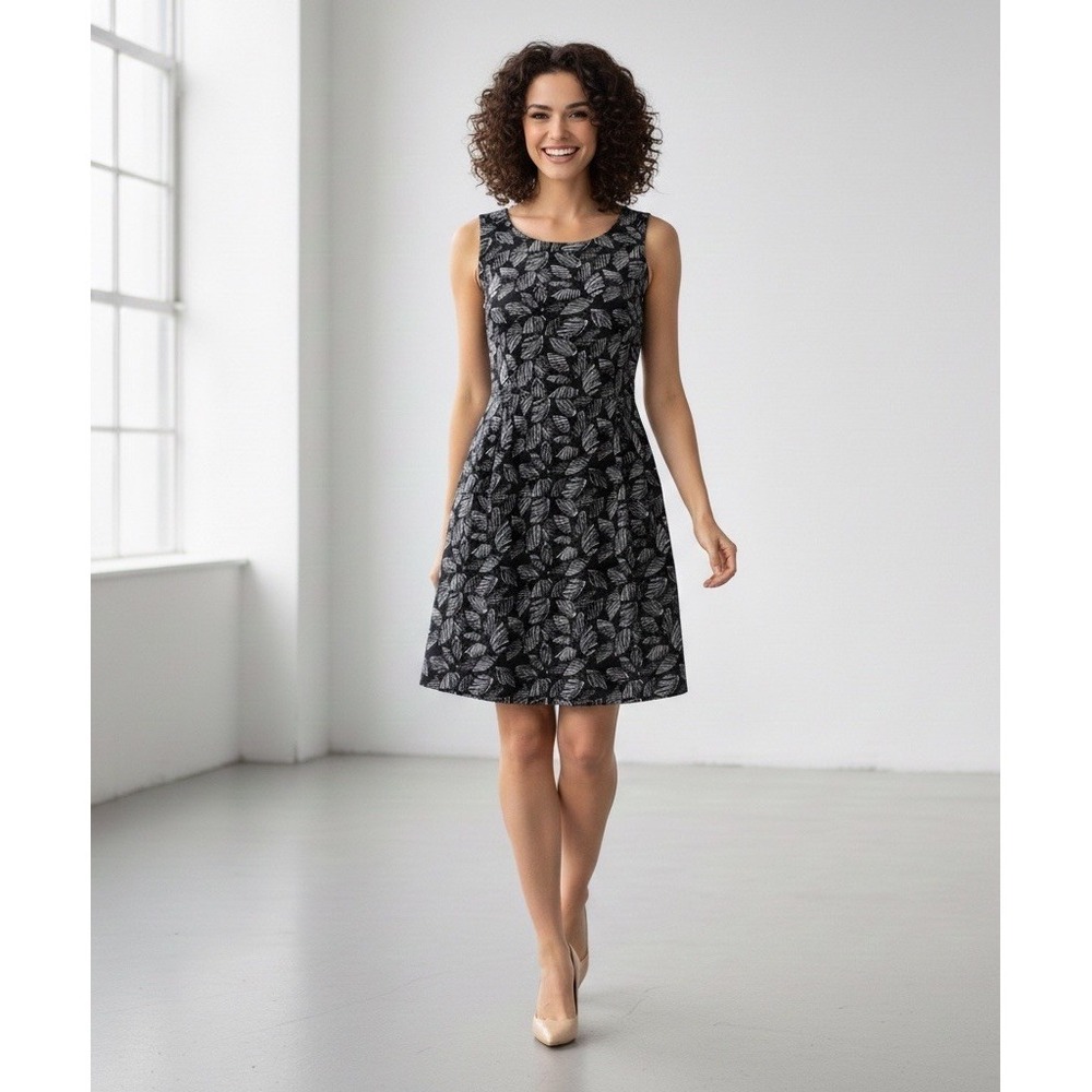 Allen Solly Womens Sleeveless Abstract Leaves Fit & Flare Black White Dress XS